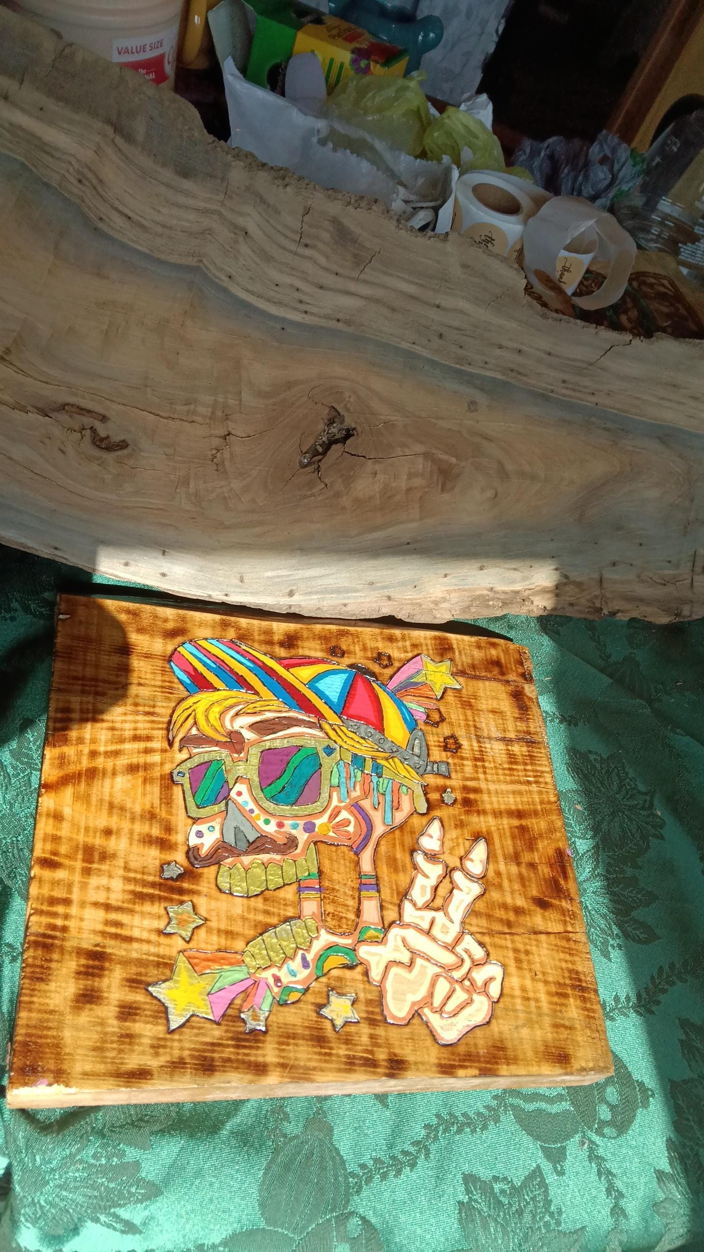 Popart Woodburned Skull | Colored Sinker Cypress Wall Art