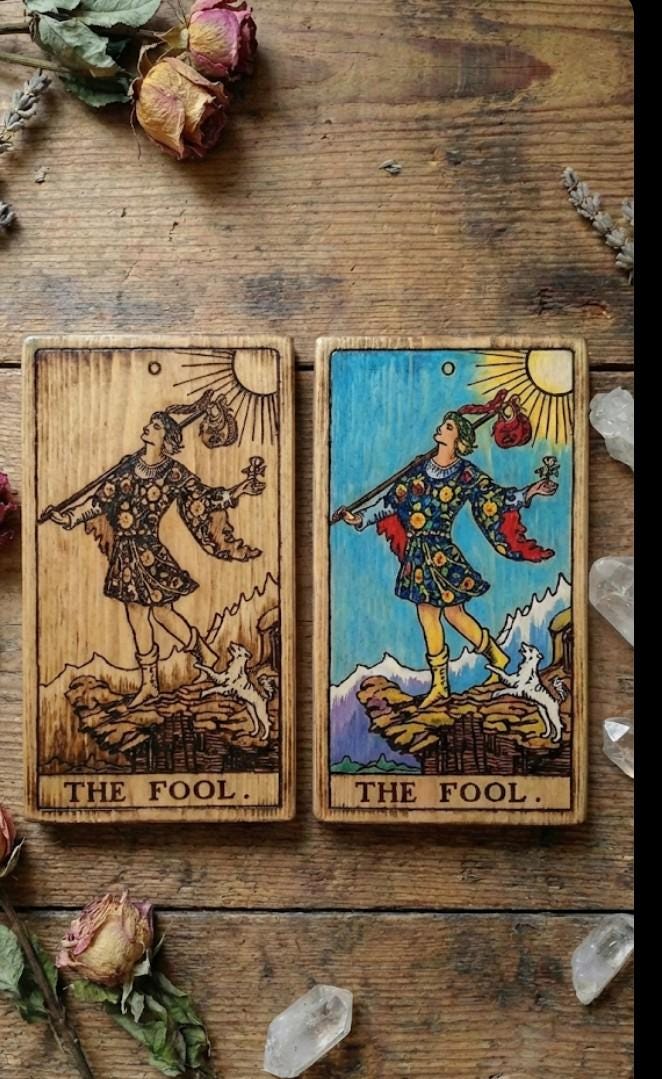 Hand-woodburned tarot cards crafted from sinker cypress, showcasing a customized bayou Gothic design.
