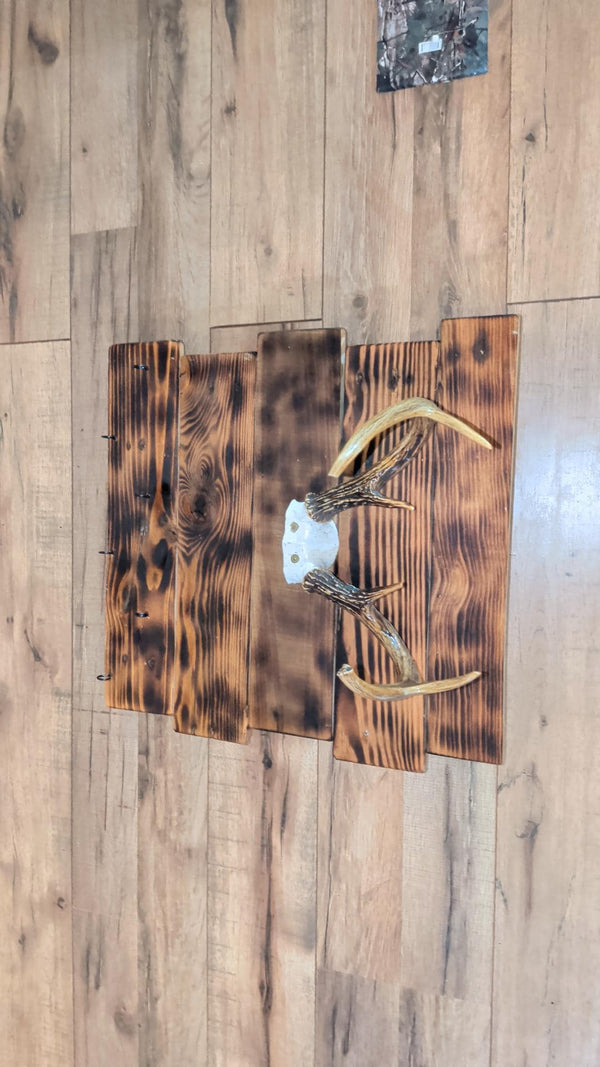 Real Deer Antler Wall Rack | Torched Wood 8 Hook Coat Holder | Rustic Cabin Decor
